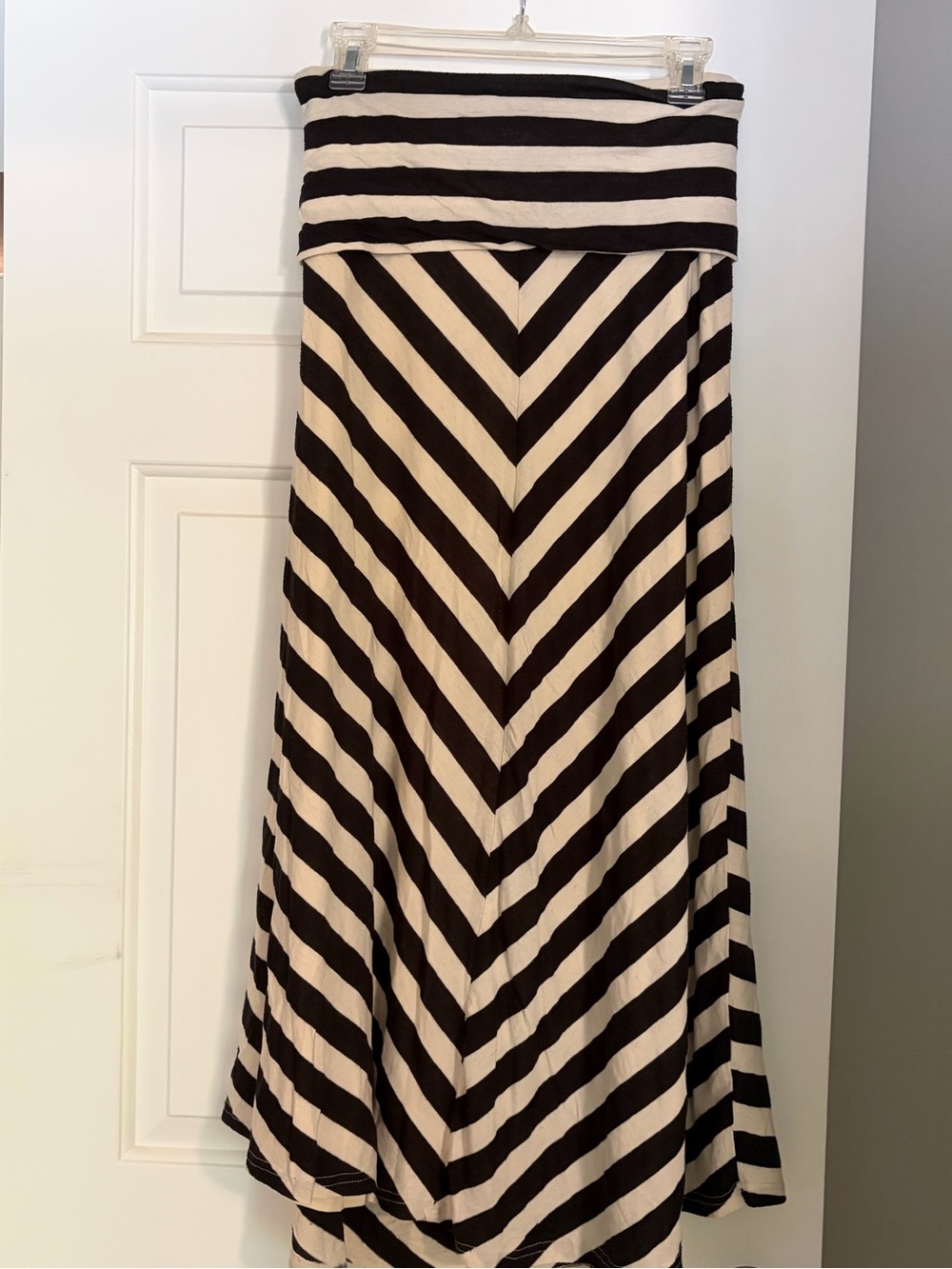 Striped Black and Cream Fold-Over Waist Maxi Skirt by Hive & Honey